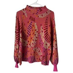 Fate Pink Orange Abstract Wing Mock Neck Balloon Sleeve Cotton Knit Sweater S
